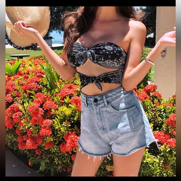 Black White Paisley Bandana Print Monokini One Piece Bathing Suit size L small - Picture 14 of 17